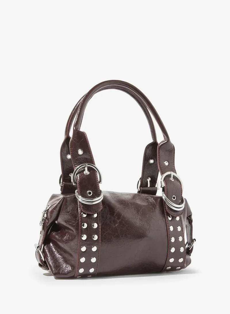 Brown Studded Barrel Shoulder Bag