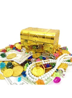 Taken All 200+ Pirate Treasure Chest Gold Coins Treasure And Pirate Gems Pirates Rings Earrings Pearls Jewelery Playset ，Treasure For Pirate Party (100 Coins+100 Gems+16 Banknotes.)  - Image 1