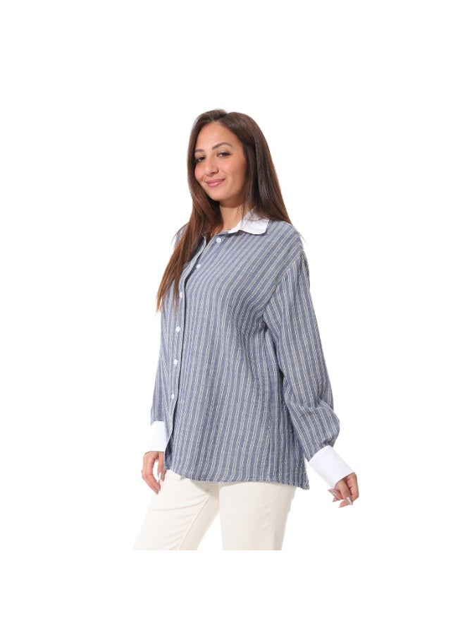 Coctail 3681-Striped Button-Down Shirt-Navy  - Image 2