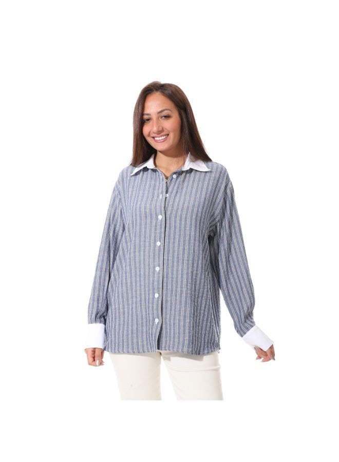 Coctail 3681-Striped Button-Down Shirt-Navy  - Image 1