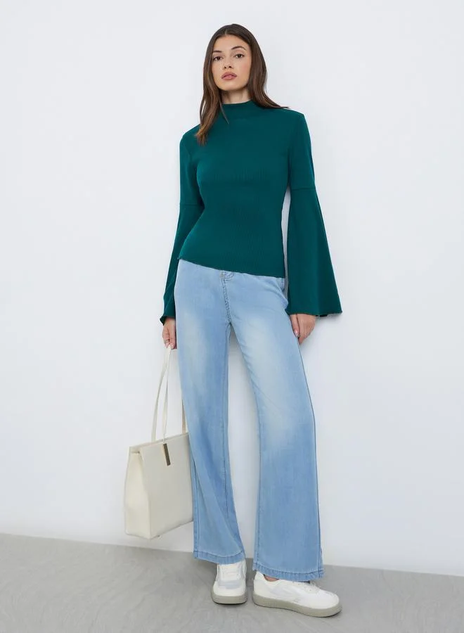 Styli Styli Teal Bell Sleeve Knit Top