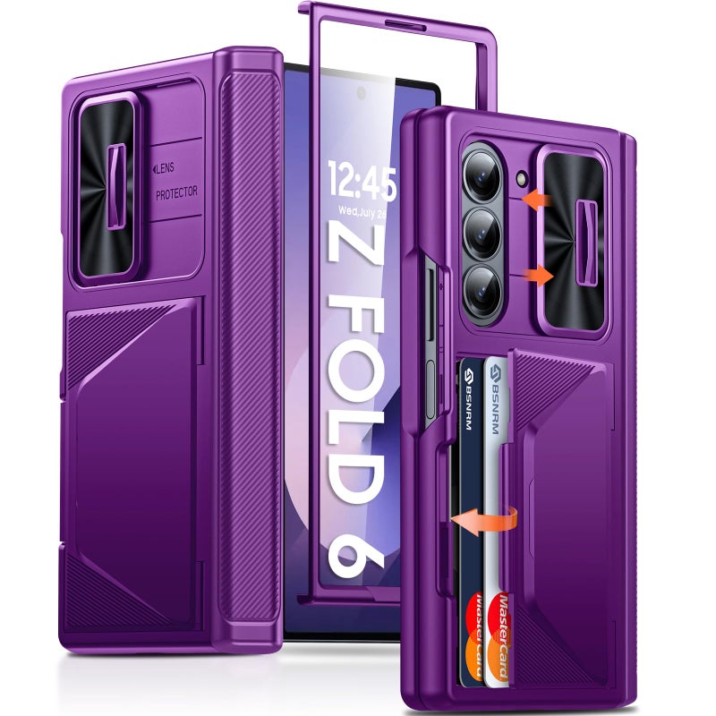 BSNRM for Samsung Galaxy Z Fold 6 Case with Card Holder, Built in RFID Blocking & Slide Camera Cover & Hinge Protection & Full-Body Rugged Shockproof Wallet Case for Galaxy Z fold 6,Purple - Image 1