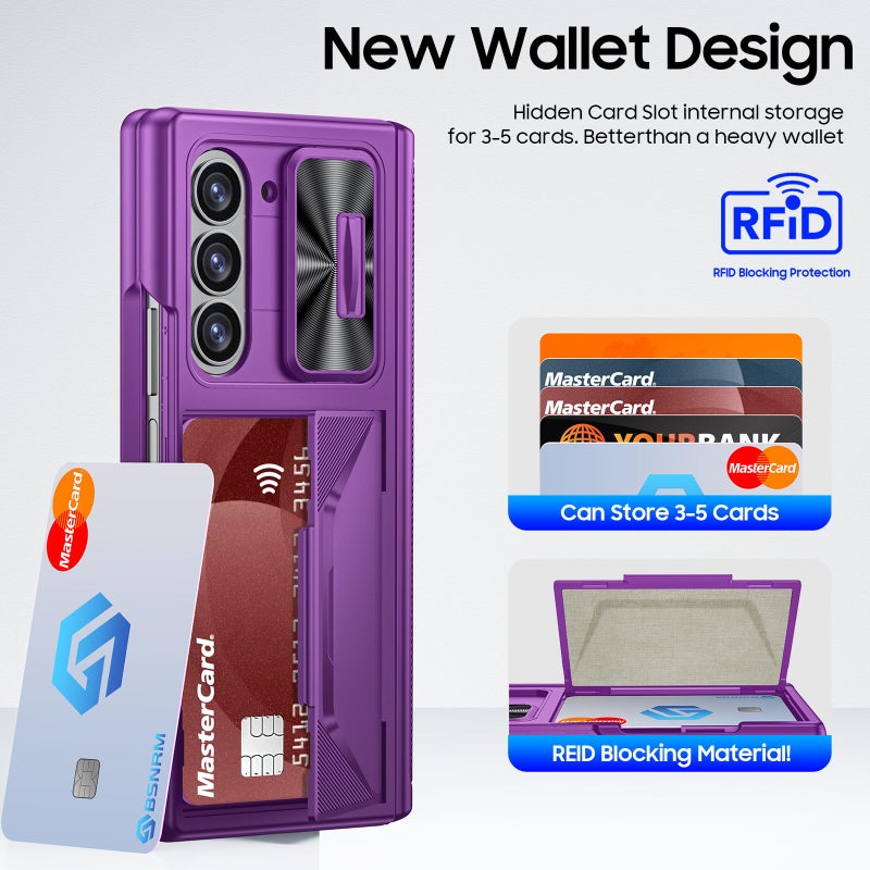 BSNRM for Samsung Galaxy Z Fold 6 Case with Card Holder, Built in RFID Blocking & Slide Camera Cover & Hinge Protection & Full-Body Rugged Shockproof Wallet Case for Galaxy Z fold 6,Purple - Image 3