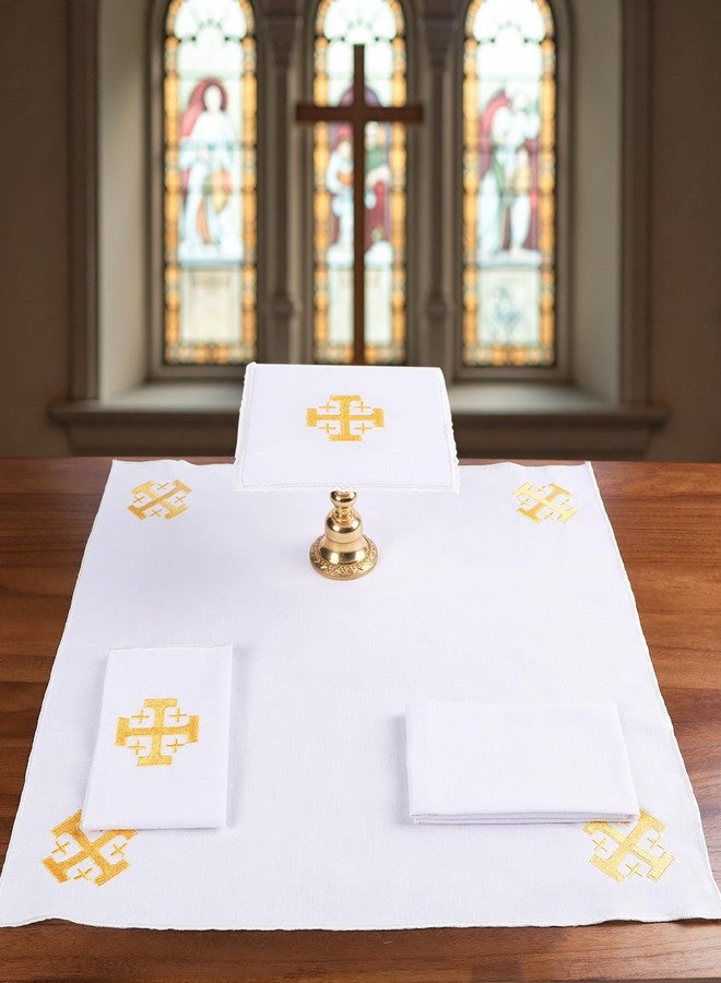 TALPGOD 4 Pack Altar Supplies Linen Corporal for Churches Set (Pall,Corporal,Purificator,Towel) White Linen Altar Cloth Gold Cross Embroidery,Mass Kit Catholic for Priest - Image 1