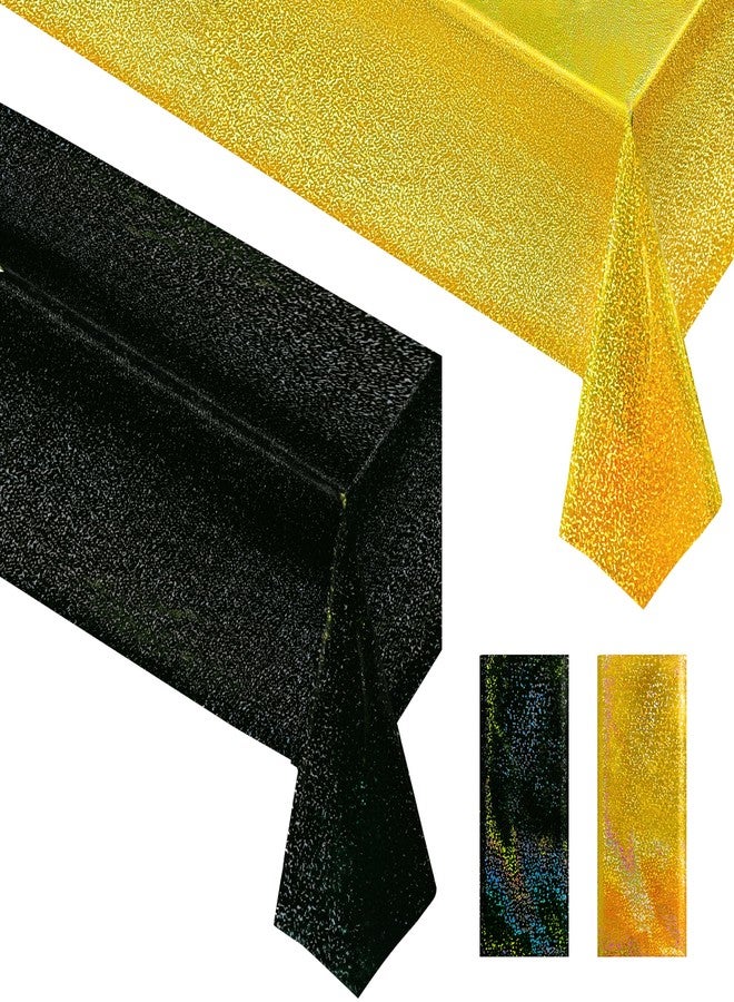 Just Shimmer Sparkling Holographic Laser Tablecloth - Shimmering, Waterproof, Easy to Clean - Ideal for Halloween Bachelorette, Mermaid, Birthday, Wedding, and Anniversary Party Decorations (Black & Gold, 2) - Image 1