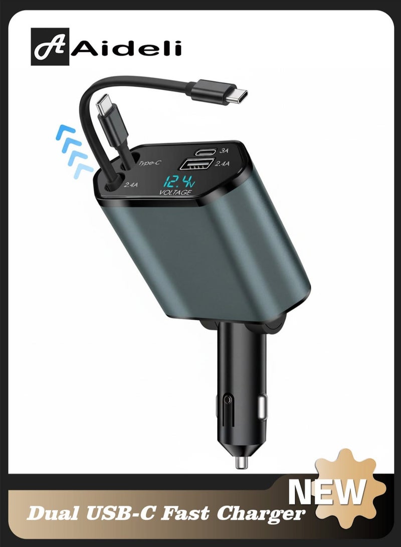 Aideli 4-in-1 Car Charger, Retractable Cables, Dual USB-C Fast Charging, 12V/24V Car Adapter, Compatible with iPhone, iPad, Samsung, Xiaomi, MacBook, AirPods - Image 1