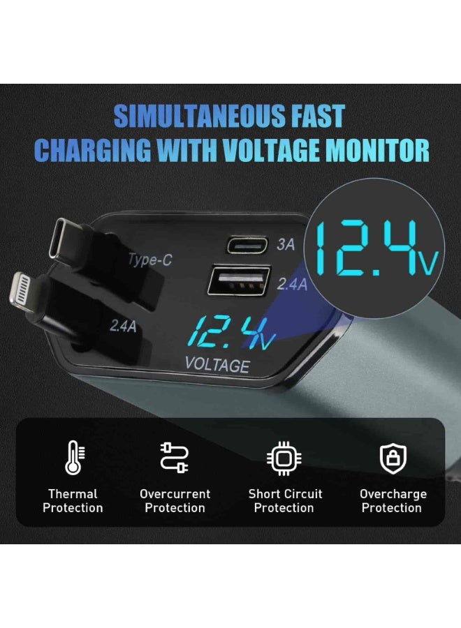 Aideli 4-in-1 Car Charger, Retractable Cables, Dual USB-C Fast Charging, 12V/24V Car Adapter, Compatible with iPhone, iPad, Samsung, Xiaomi, MacBook, AirPods - Image 3