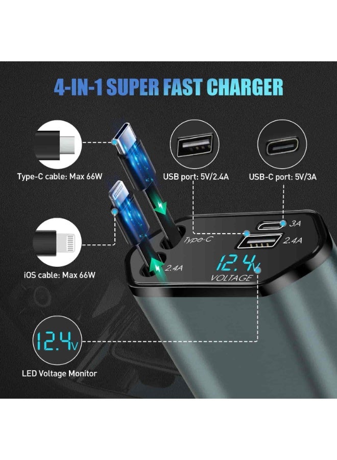 Aideli 4-in-1 Car Charger, Retractable Cables, Dual USB-C Fast Charging, 12V/24V Car Adapter, Compatible with iPhone, iPad, Samsung, Xiaomi, MacBook, AirPods - Image 2