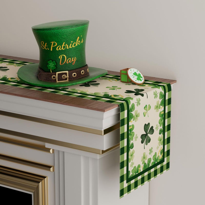 XCHI Green Plaid Four-Leaf Clovers Shamrocks Horseshoes St. Patrick's Day Table Runner Table Decoration for Party Home Kitchen Dining Holiday Decor 13x72 Inch - Image 3