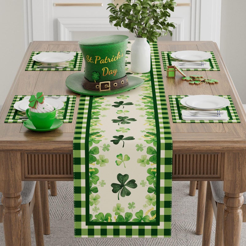 XCHI Green Plaid Four-Leaf Clovers Shamrocks Horseshoes St. Patrick's Day Table Runner Table Decoration for Party Home Kitchen Dining Holiday Decor 13x72 Inch - Image 2