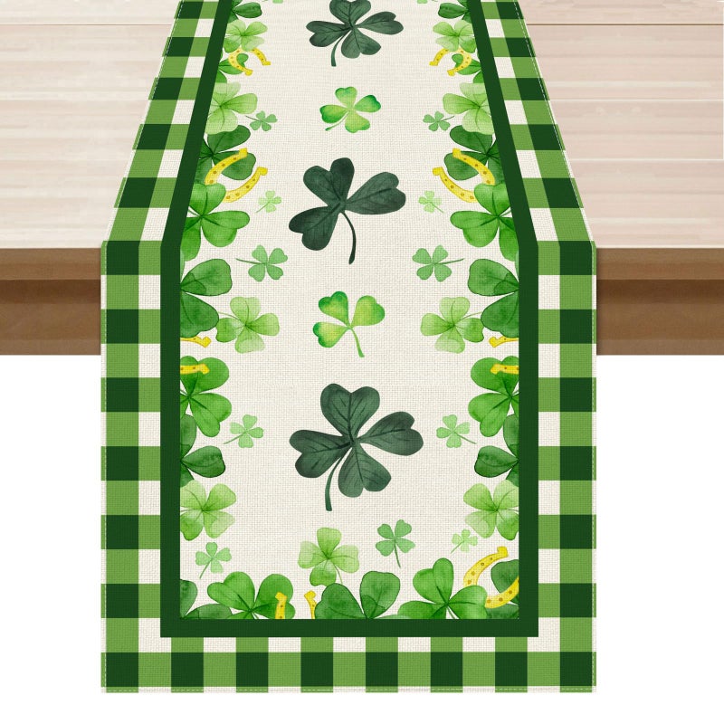 XCHI Green Plaid Four-Leaf Clovers Shamrocks Horseshoes St. Patrick's Day Table Runner Table Decoration for Party Home Kitchen Dining Holiday Decor 13x72 Inch - Image 1