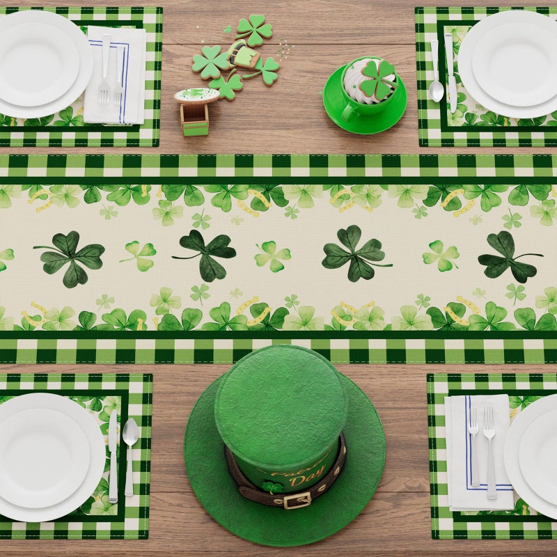XCHI Green Plaid Four-Leaf Clovers Shamrocks Horseshoes St. Patrick's Day Table Runner Table Decoration for Party Home Kitchen Dining Holiday Decor 13x72 Inch - Image 4