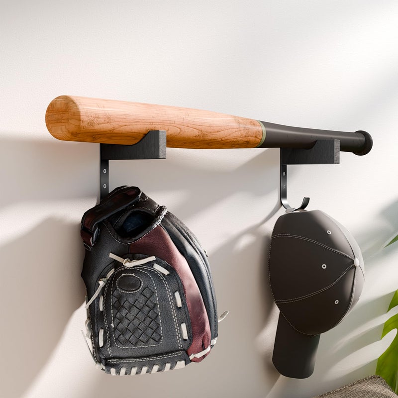 jockcaras Baseball Bat Cap Holder Wall MountBlack WoodIron Bat Display Hanger with Hooks for Caps and GlovesWall Hanging Hooks for Living RoomBedroomEntrywayGarageGift for Baseball Fans - Image 2