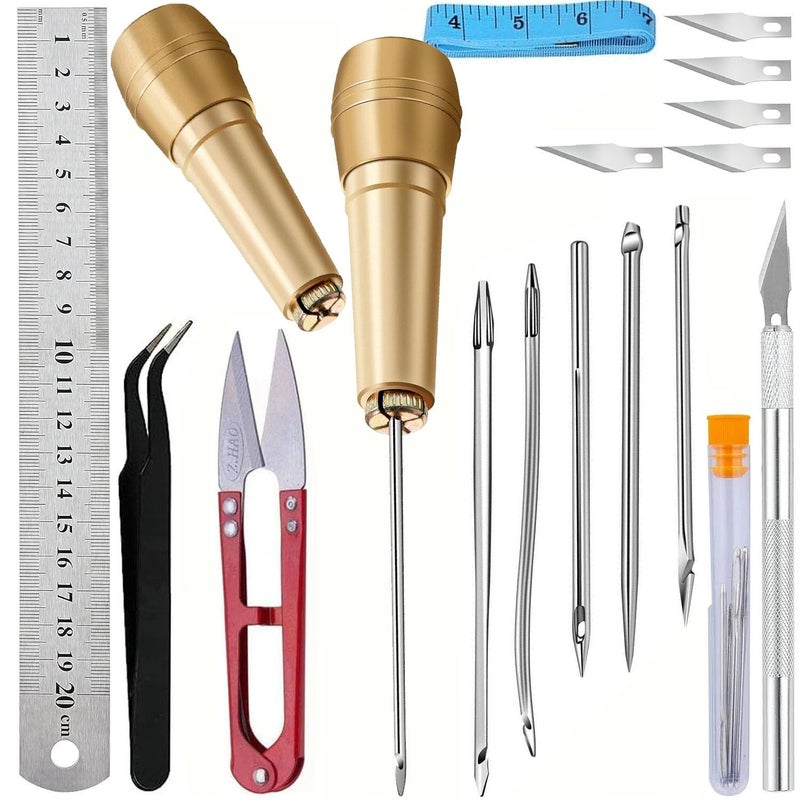 DIY Crafts Canvas Leather Sewing Awl, Leather Sewing Needle Awl Hand Stitch with Copper Handle for Handmade Leather Sewing Tools Shoe and Leather Repair with Other Accessories (2 Kits) - Image 1