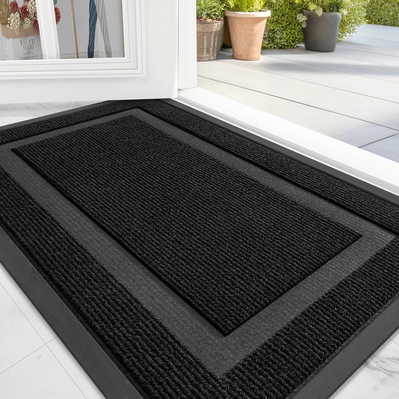 Homaxy حصيرة باب هومكسي مطاطية غير قابلة للانزلاق حصائر داخلية لالتقاط الأوساخ حصائر ماصة قابلة للغسل حصيرة أمامية خارجية حصيرة أرضية ثقيلة للمدخل والمطبخ والحديقة 60 × 90 سم باللون الأسود