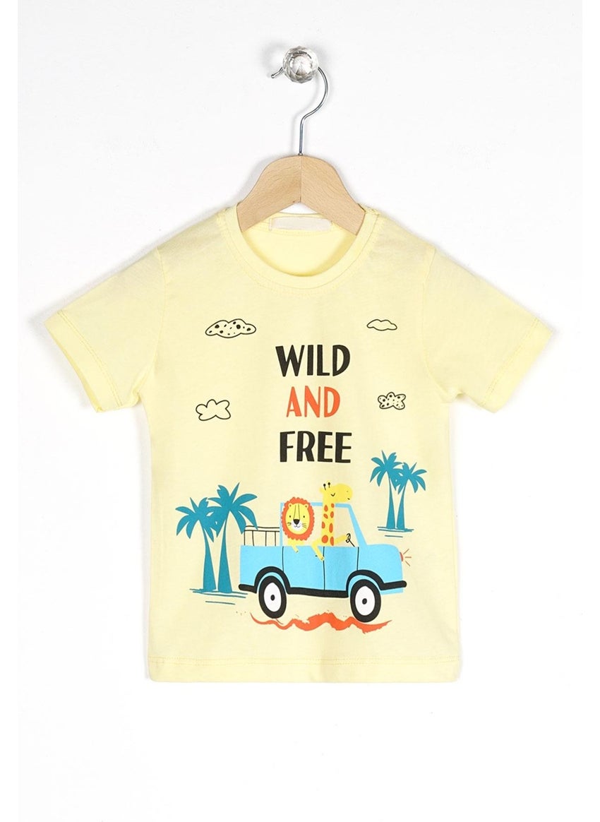 WEWE - Crew Neck Short Sleeve Wild And Car Printed Yellow Color Boy Tshirt - Image 1