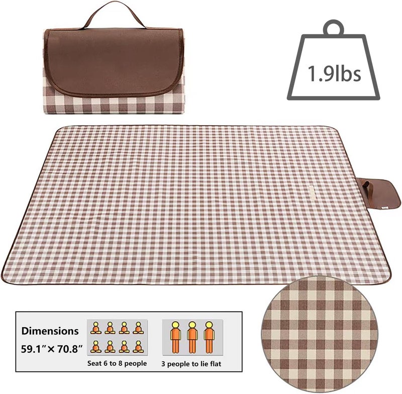 Wind Tour Waterproof Picnic Blanket with Carry Strap - Foldable Sandproof Outdoor Mat for Camping, Beach, Park - 59" x 71",Coffee Grid (Single Mat) - Image 3