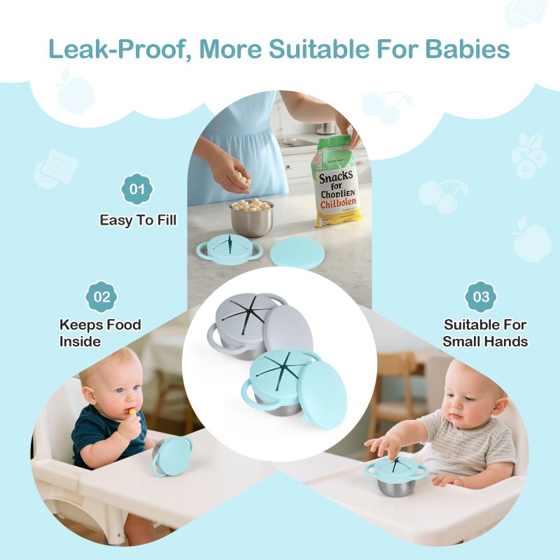 Daximo 2 Pack Snack Cups for Toddlers Spill Proof - Detachable Stainless Steel Toddler Snack Cups with Silicone Lids & Handles - Dishwasher Safe Baby Snack Containers (Light blue and Light grey) - Image 2