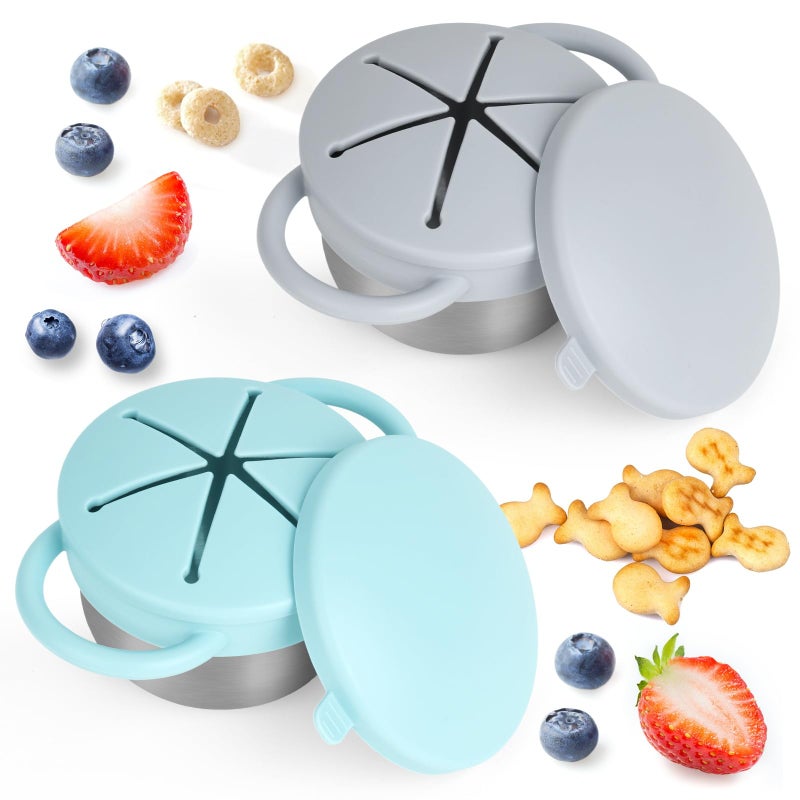 Daximo 2 Pack Snack Cups for Toddlers Spill Proof - Detachable Stainless Steel Toddler Snack Cups with Silicone Lids & Handles - Dishwasher Safe Baby Snack Containers (Light blue and Light grey) - Image 1