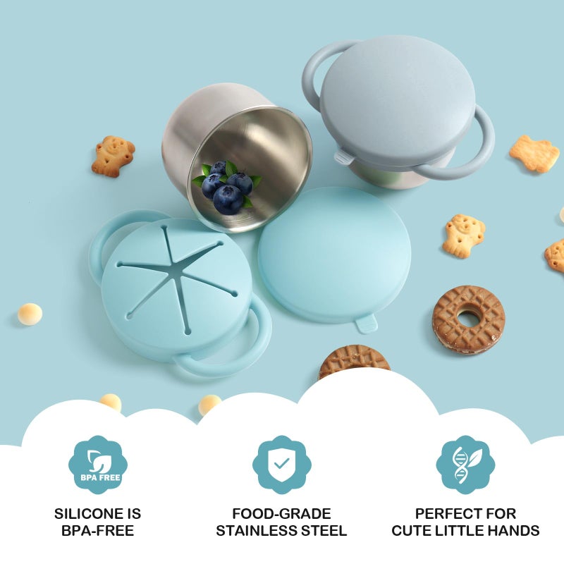 Daximo 2 Pack Snack Cups for Toddlers Spill Proof - Detachable Stainless Steel Toddler Snack Cups with Silicone Lids & Handles - Dishwasher Safe Baby Snack Containers (Light blue and Light grey) - Image 4