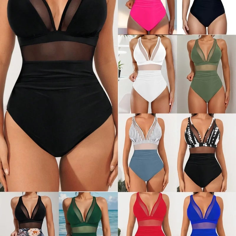 2026Bikini and Foreign Trade New Solid Color Mesh Backless Sexy Bikini One-Piece Swimsuit Swimwear - Image 1
