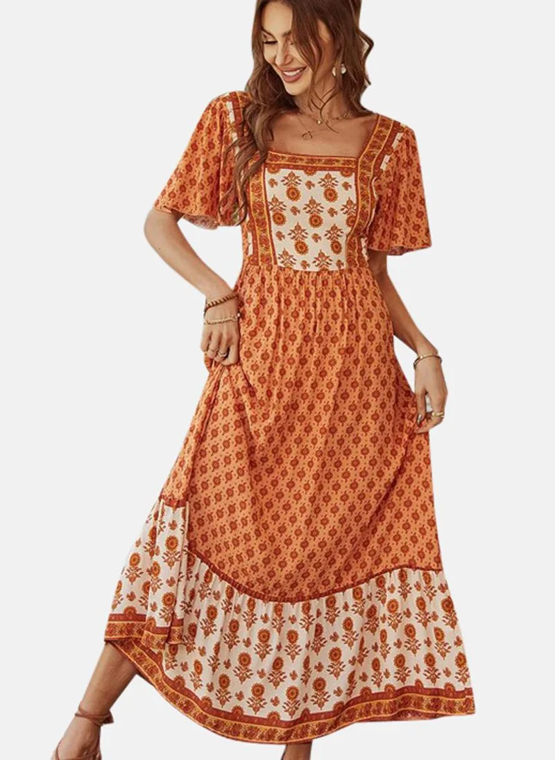 يونيكي Brown Printed A-Line Knee Length Dress