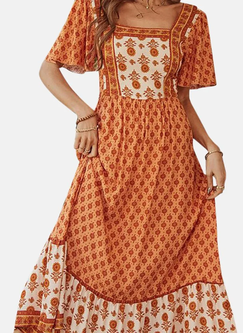 يونيكي Brown Printed A-Line Knee Length Dress