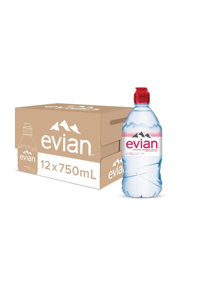 إيفيان Evian Natural Mineral Water Sports Cap 750ml × 12 Piece| Hydration On-the-Go - Image 1