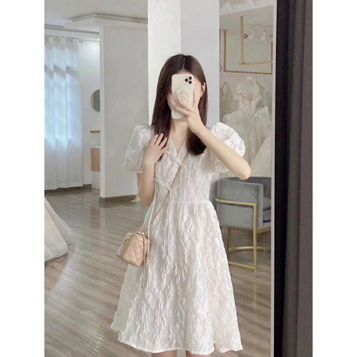 2024 French Waist-Cinched V-Neck Dress with Puff Sleeves White * 14 