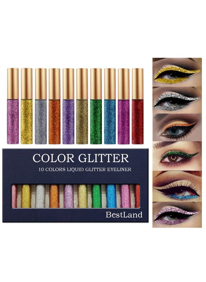 Bestland - 10 Colors Liquid Glitter Eyeliner Metallic Shimmer Glitter Eyeshadow Pigment Eyebrown Shimmer Waterproof Face Lips Art for Party Festival Makeup - Image 1