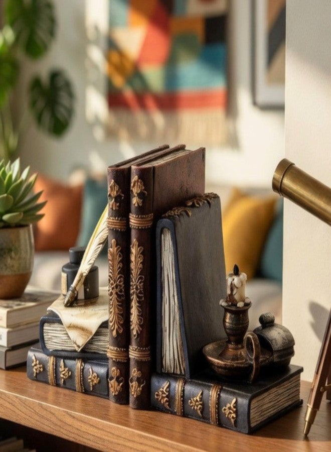 Bellaa Vintage Bookends Wizard Feather Quill Pen & Ink Bottle with Oil Lamp Set of 2, Magical Antique Bronze Decorative Book Ends for Shelves, Office, Library - Farmhouse Home Decor 26324 - Image 2