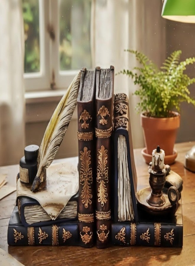 Bellaa Vintage Bookends Wizard Feather Quill Pen & Ink Bottle with Oil Lamp Set of 2, Magical Antique Bronze Decorative Book Ends for Shelves, Office, Library - Farmhouse Home Decor 26324 - Image 4