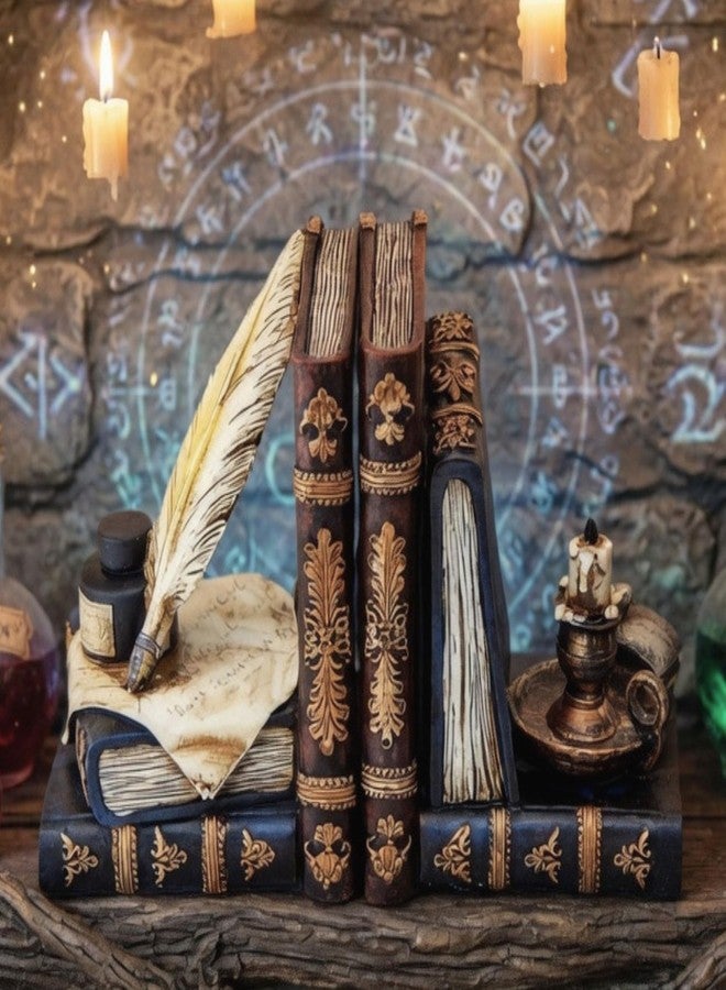 Bellaa Vintage Bookends Wizard Feather Quill Pen & Ink Bottle with Oil Lamp Set of 2, Magical Antique Bronze Decorative Book Ends for Shelves, Office, Library - Farmhouse Home Decor 26324 - Image 5