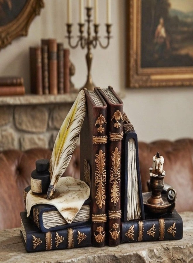 Bellaa Vintage Bookends Wizard Feather Quill Pen & Ink Bottle with Oil Lamp Set of 2, Magical Antique Bronze Decorative Book Ends for Shelves, Office, Library - Farmhouse Home Decor 26324 - Image 3