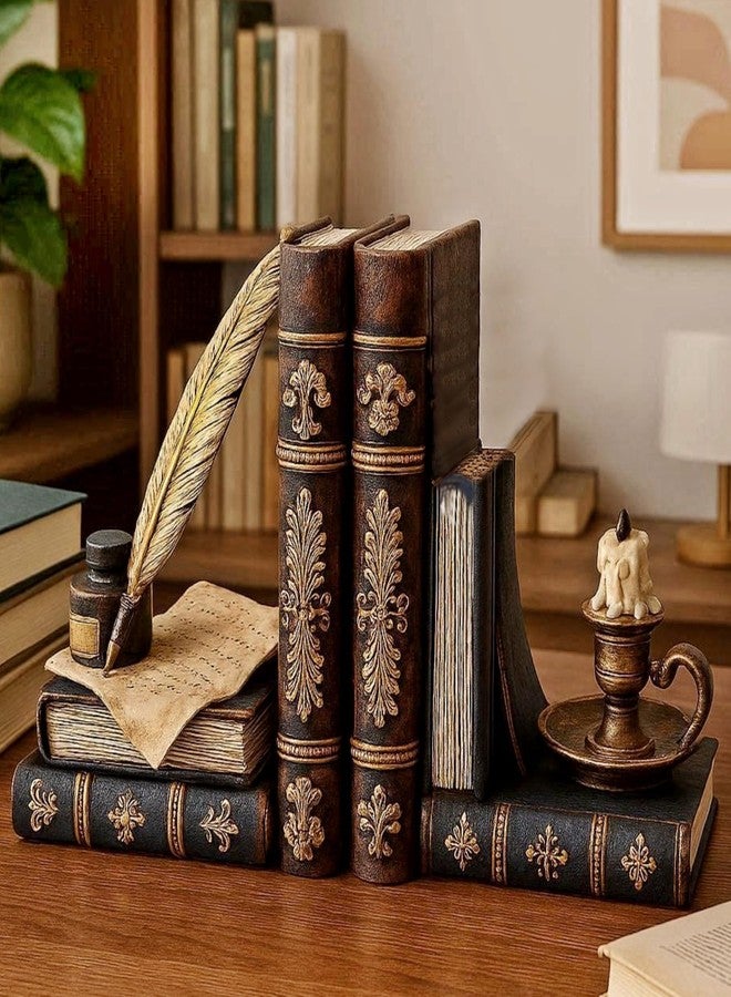 Bellaa Vintage Bookends Wizard Feather Quill Pen & Ink Bottle with Oil Lamp Set of 2, Magical Antique Bronze Decorative Book Ends for Shelves, Office, Library - Farmhouse Home Decor 26324 - Image 1