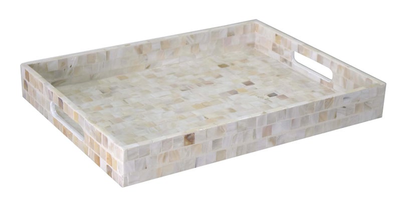 PEMAR Rectangular Mother of Pearl Serving Tray Nacre Wood Lap Ottoman Tray for Coffee Table Luxury Decorative Handmade Eating Platters w Insert Handles White Cream