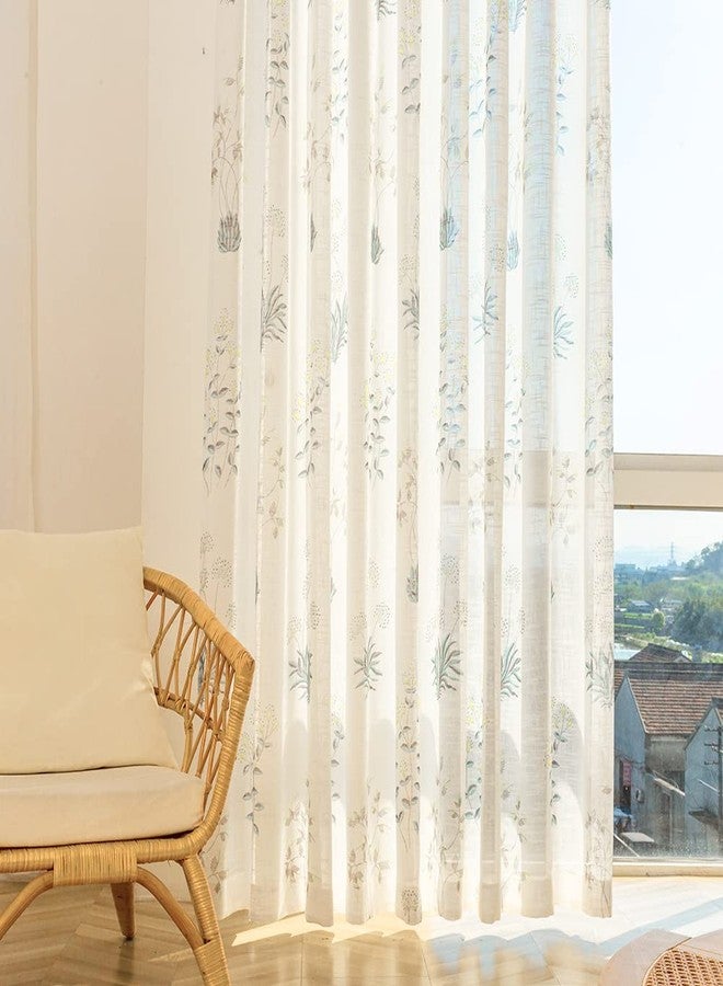 SUOUO Grey Blue Floral Semi Sheer Curtains Linen Textured for Bedroom Living Room 84 inches Long 2 Panels Rod Pocket Patterned Boho Botanical Light Filtering Window Drapes - Image 5