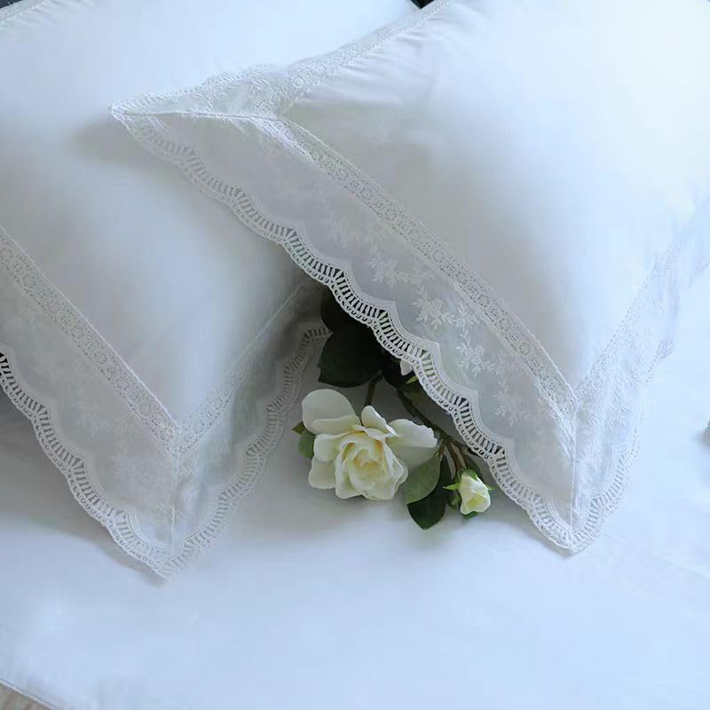 Meaning4 White Lace Pillow Shams Queen Size Pillowcases Cotton for Bed French Country Style 2 Pieces 20"x30" Shabby Chic - Image 3