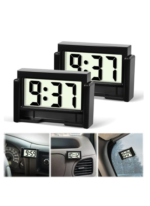 Car Dashboard Digital Clock, 2 Pack Vehicle Adhesive Clock with Jumbo LCD Time & Day Display, Mini Automotive Stick On Watch for Car Truck Dashboard & Air Vent, Black