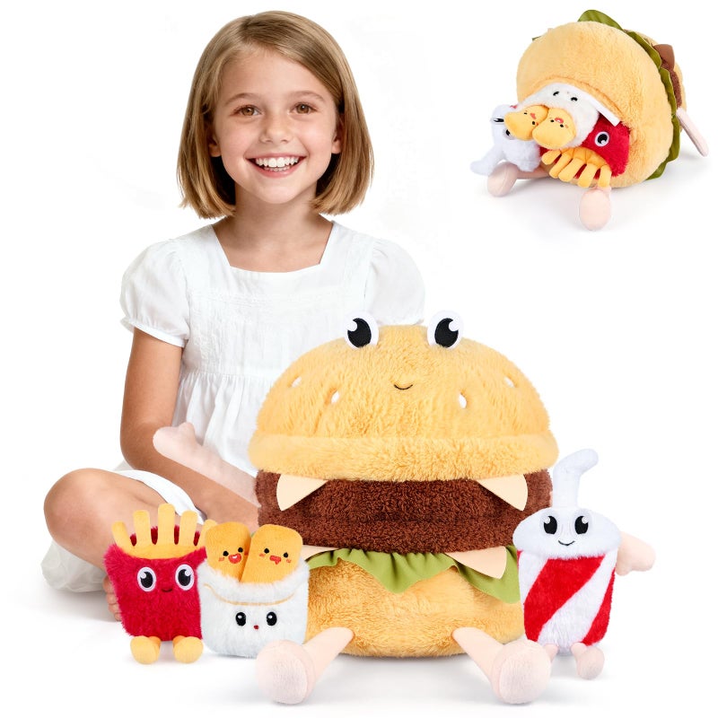 SuzziPals 4in1 Hamburger Plush Toys with Baby Plushies 4pcs Set Stuffed Animals Surprise Inside Soft Squishy Cheeseburger Pillow Plushies Decor Cuddly Stuffed Toys Gift for Kids Adults - Image 3