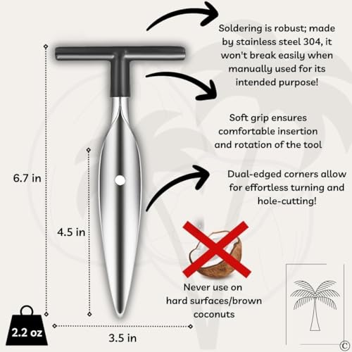 Homava Stainless Steel Coconut Opener Tool Driller Easy and Comfortable Grip Safe for Your Hands | 7.6 X 1.3 X 16.5 cm | Silver - Image 3