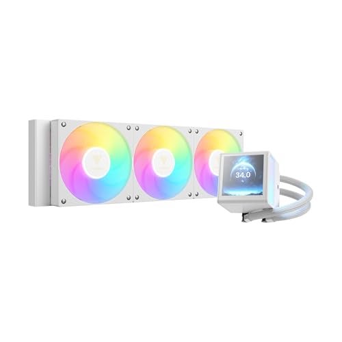 GAMDIAS CHIONE P5-360 Liquid CPU Cooler, 360mm AIO w/Customizable 3.4'' IPS LCD, Rotatable Magnetic Pump, Hidden Cable Fan (Daisy-Chained), Support PWM & ARGB MB Sync, Intel LGA 1851；AMD AM5, White - Image 1