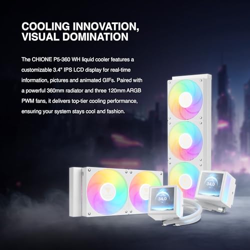 GAMDIAS CHIONE P5-360 Liquid CPU Cooler, 360mm AIO w/Customizable 3.4'' IPS LCD, Rotatable Magnetic Pump, Hidden Cable Fan (Daisy-Chained), Support PWM & ARGB MB Sync, Intel LGA 1851；AMD AM5, White - Image 2