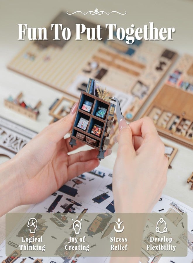 CUTEBEE DIY Book Nook Kit, Miniature House Kits for Adult and Teens, DIY Miniature Book Nook kit with Sensor Led Light, Gifts for Lovers and Family (Muse Bookstore) - Image 5