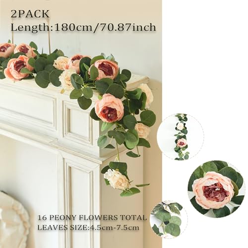 MISSPIN 2pcs Artificial Flowers Garland Spring Eucalyptus Garland Vintage Fake Flower Peony Rose Vine Greenery Decorative Wall Hanging Plant for Wedding Arch Door Arrangement Party Decor - Image 2