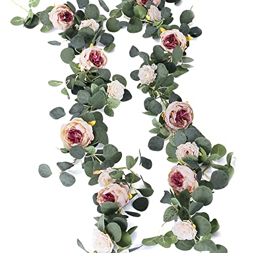 MISSPIN 2pcs Artificial Flowers Garland Spring Eucalyptus Garland Vintage Fake Flower Peony Rose Vine Greenery Decorative Wall Hanging Plant for Wedding Arch Door Arrangement Party Decor - Image 1