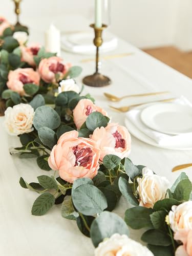 MISSPIN 2pcs Artificial Flowers Garland Spring Eucalyptus Garland Vintage Fake Flower Peony Rose Vine Greenery Decorative Wall Hanging Plant for Wedding Arch Door Arrangement Party Decor - Image 3
