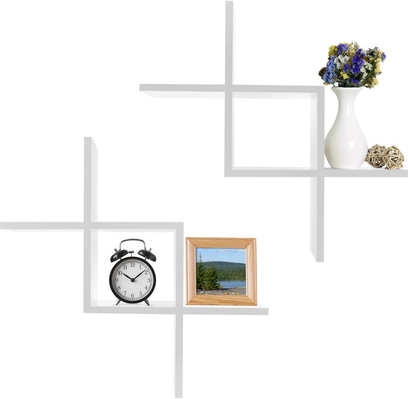 Greenco Criss Cross Intersecting Wall Mounted Floating Shelves White Finish 2Pack