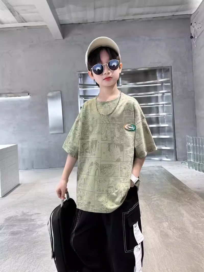 Children'S Wear Boys Summer Short-Sleeved T-Shirt Style Mid-Large Children'S Western Style Boys Fashionable Summer Casual Cartoon T - Image 2