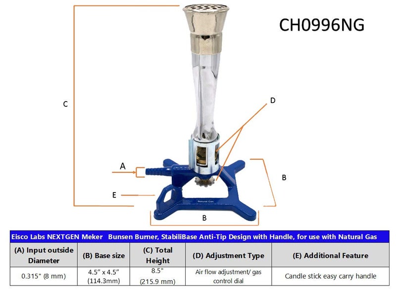 EISCO Meker Bunsen Burner, Natural Gas - Flow Control, Flame Stabilizer, Air Adjustable Cast Iron StabiliBase, Anti-Tip Design with Handle Suitable for use- Labs - Image 4